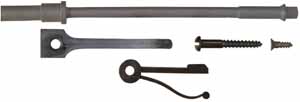 Patchbox Release Kit for American longrifle, 
wax cast steel rod, spring, button, and latch
   Discontinued.  New part number:  PBRK-TOW-(B or I)